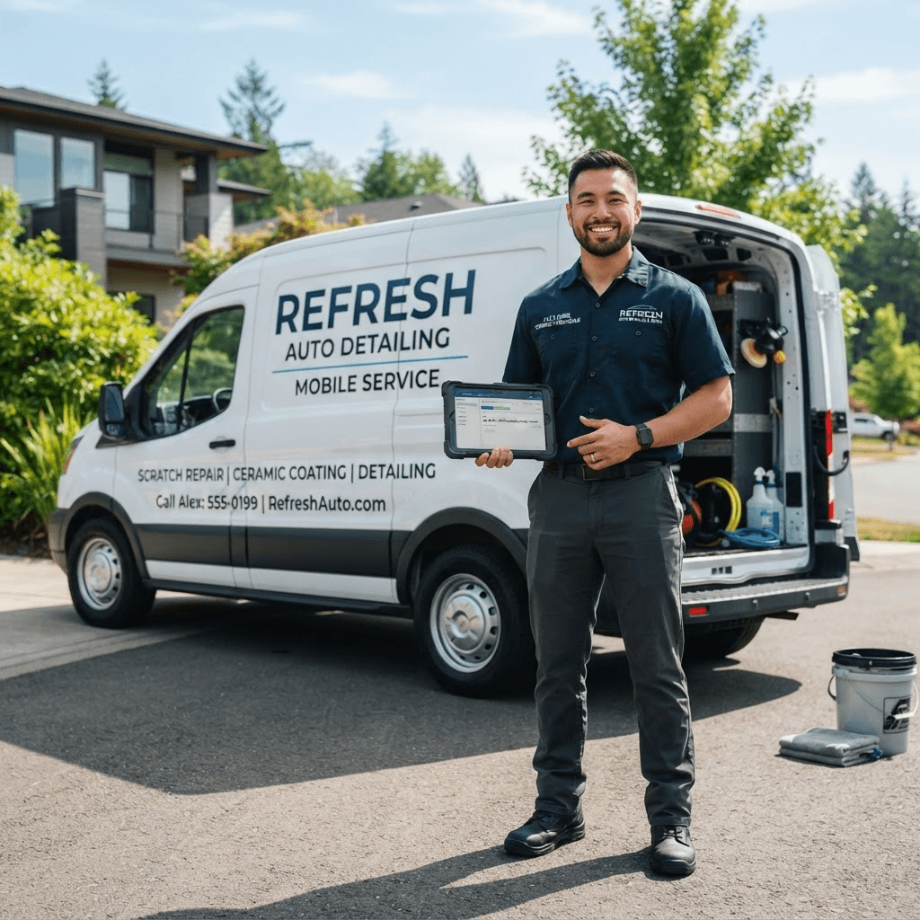 A young automotive reconditioning entrepreneur beside a mobile service van