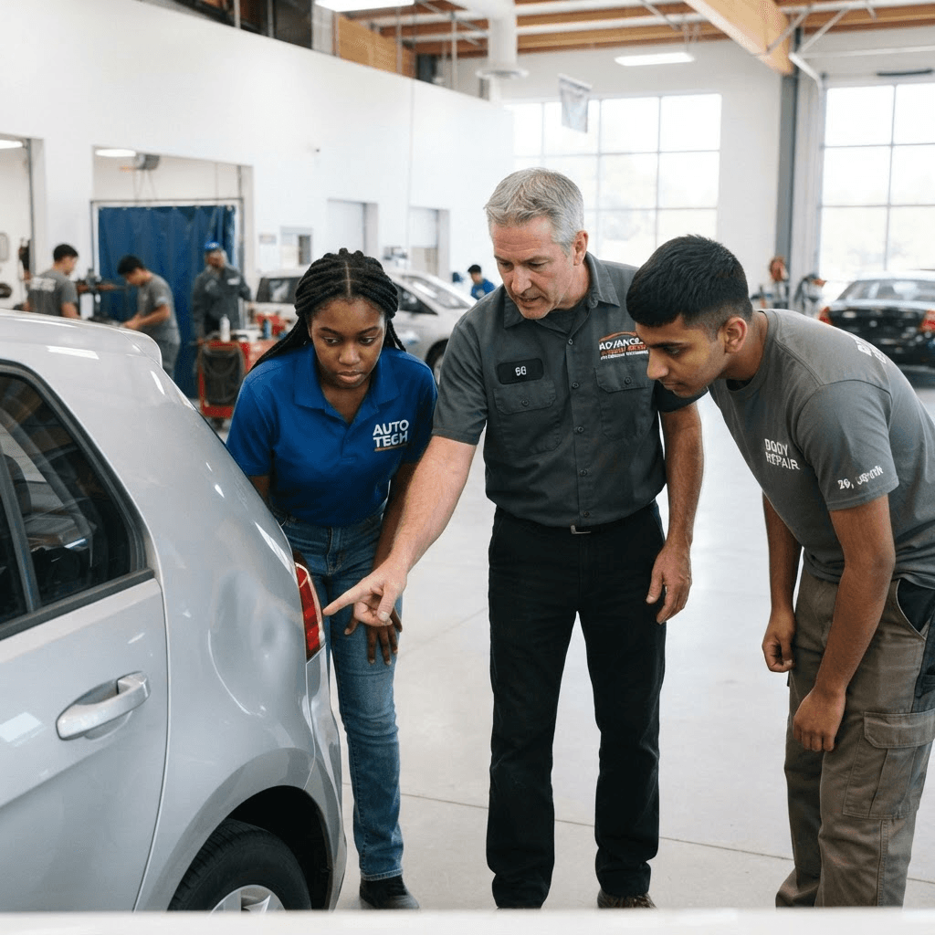 An instructor showing two students a dent on a vehicle panel during automotive career training